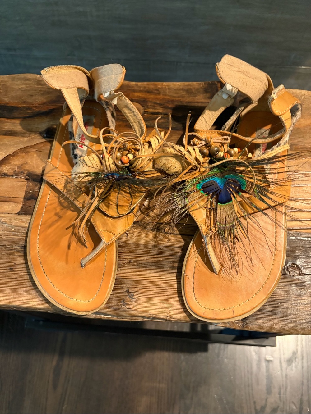Boho Peacock Feather Tan Leather Sandals